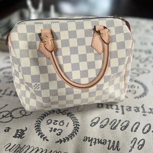 White and Gray Checkered Satchel